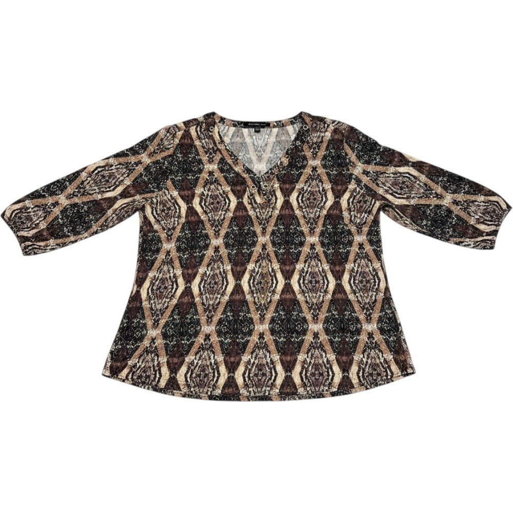 Zac & Rachel Blouse Brown Snakeskin Diamond Grommet V-Neck 1X Women